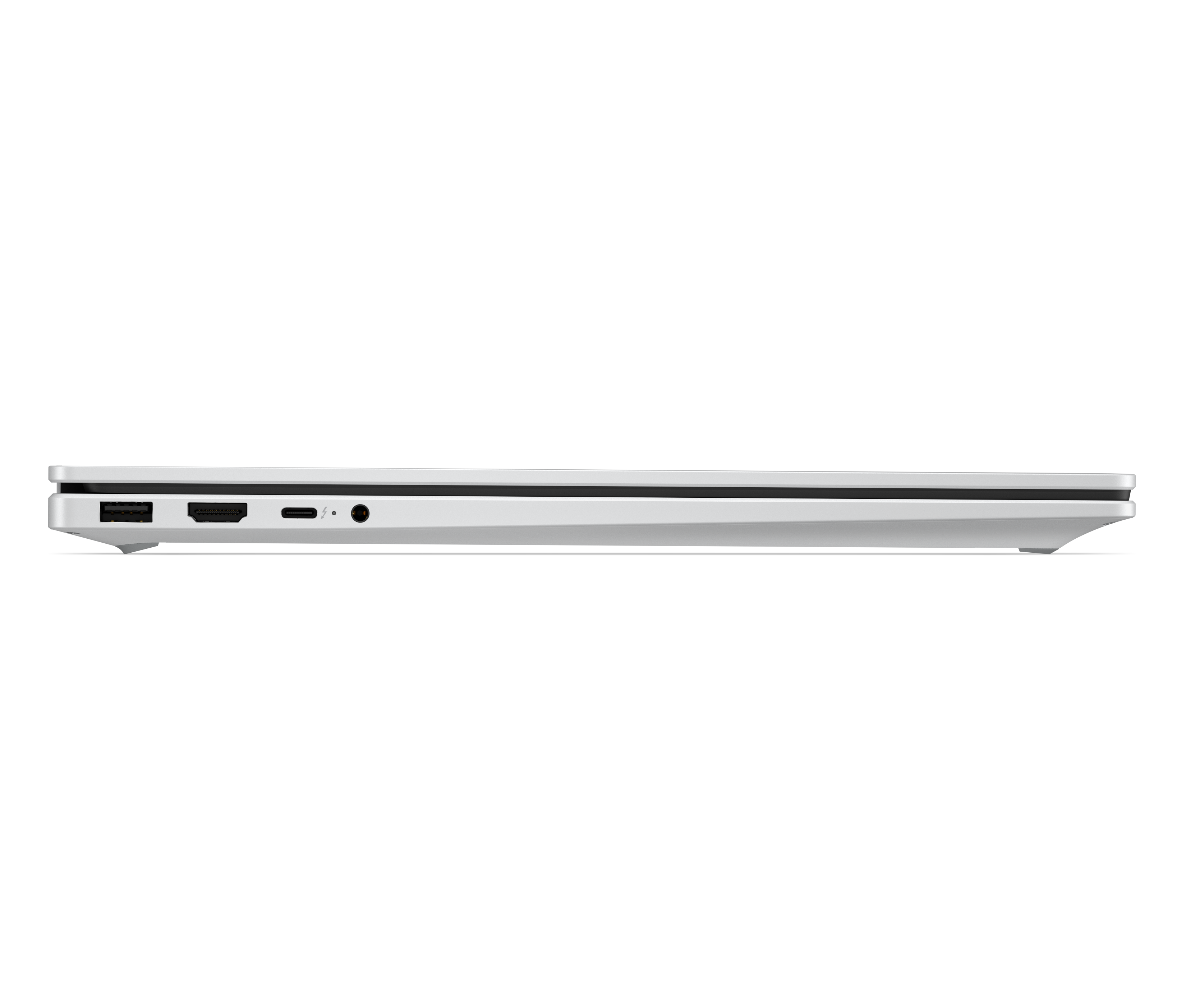 Widok boczny białego laptopa z portami: USB-A, HDMI, USB-C, Thunderbolt i gniazdem audio.