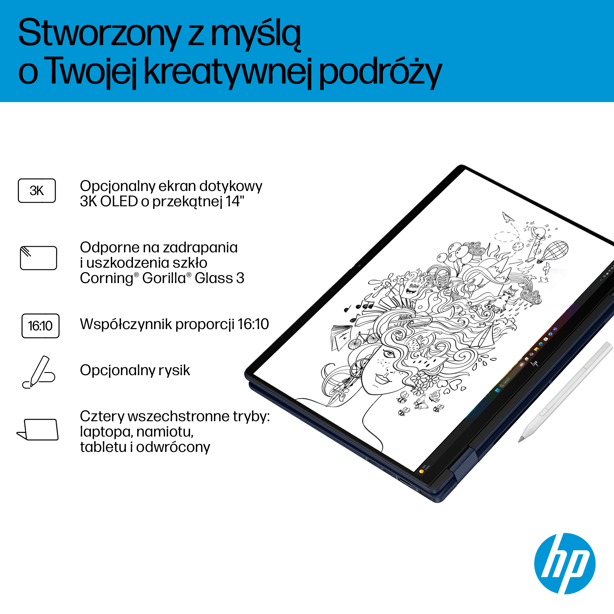 Laptop z 14-calowym ekranem OLED, obsługiwany rysikiem. Rysunek kobiety z wyobraźnią.