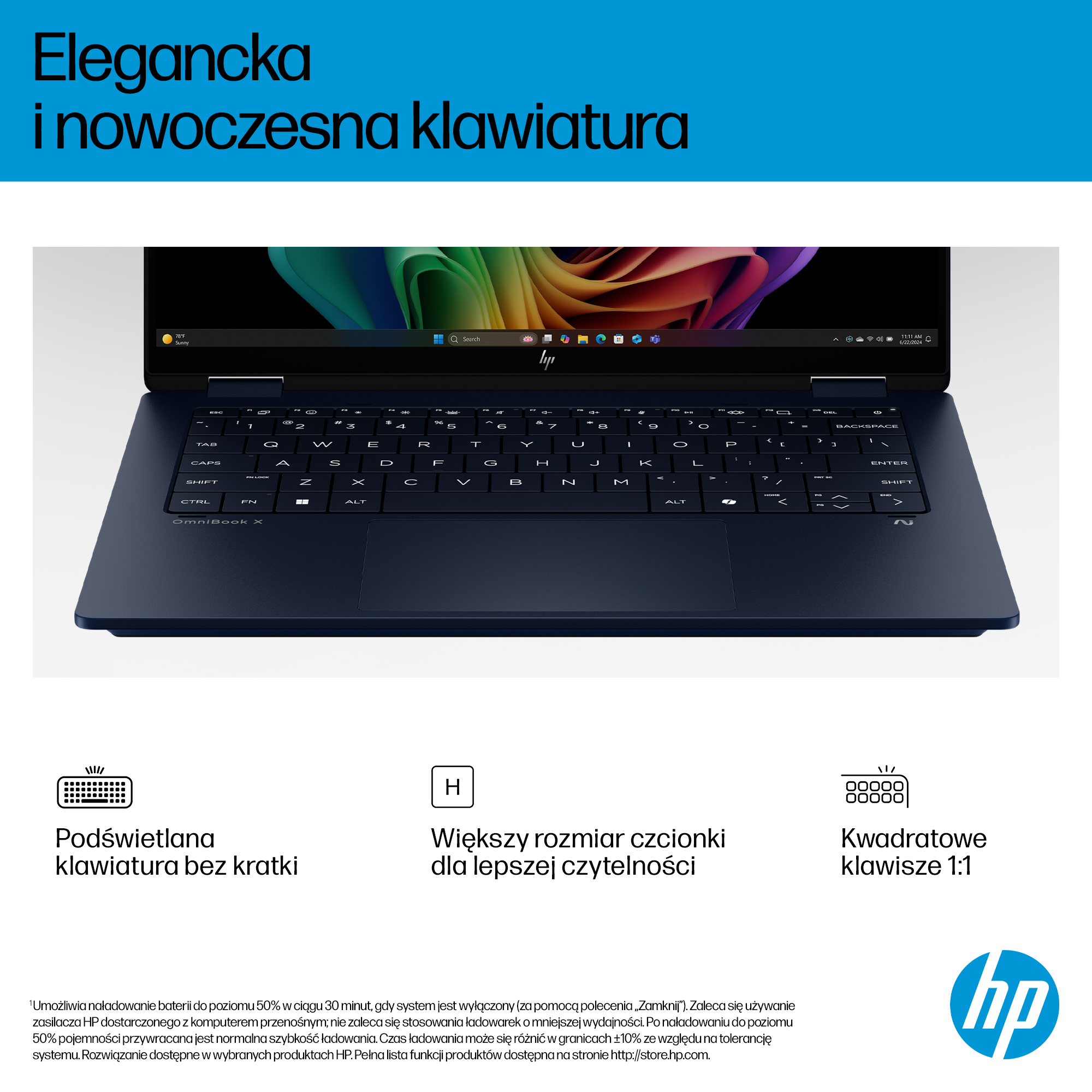 Ciemnoniebieski laptop HP otwarty, widoczna klawiatura i ekran.