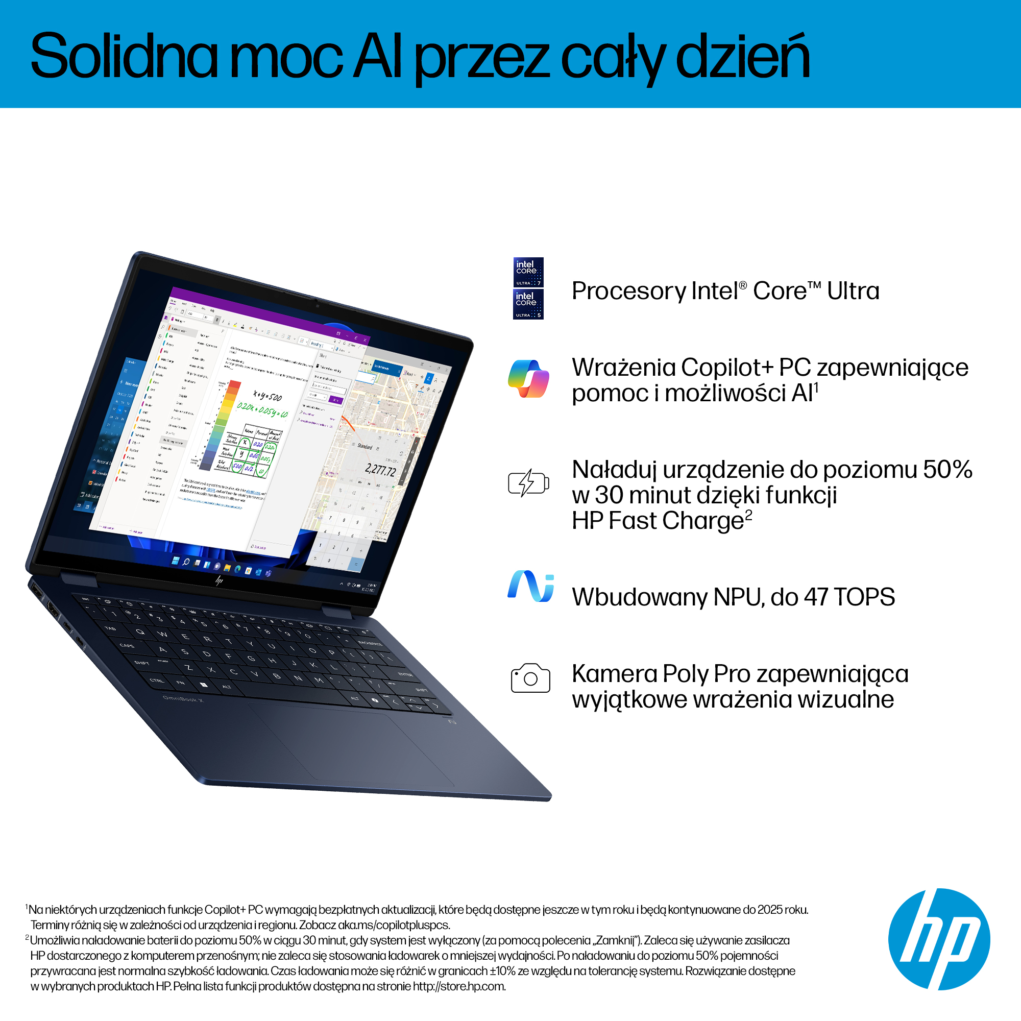 Ciemnoniebieski HP OmniBook X z procesorem Intel Core Ultra wyświetlający aplikacje biurowe.
