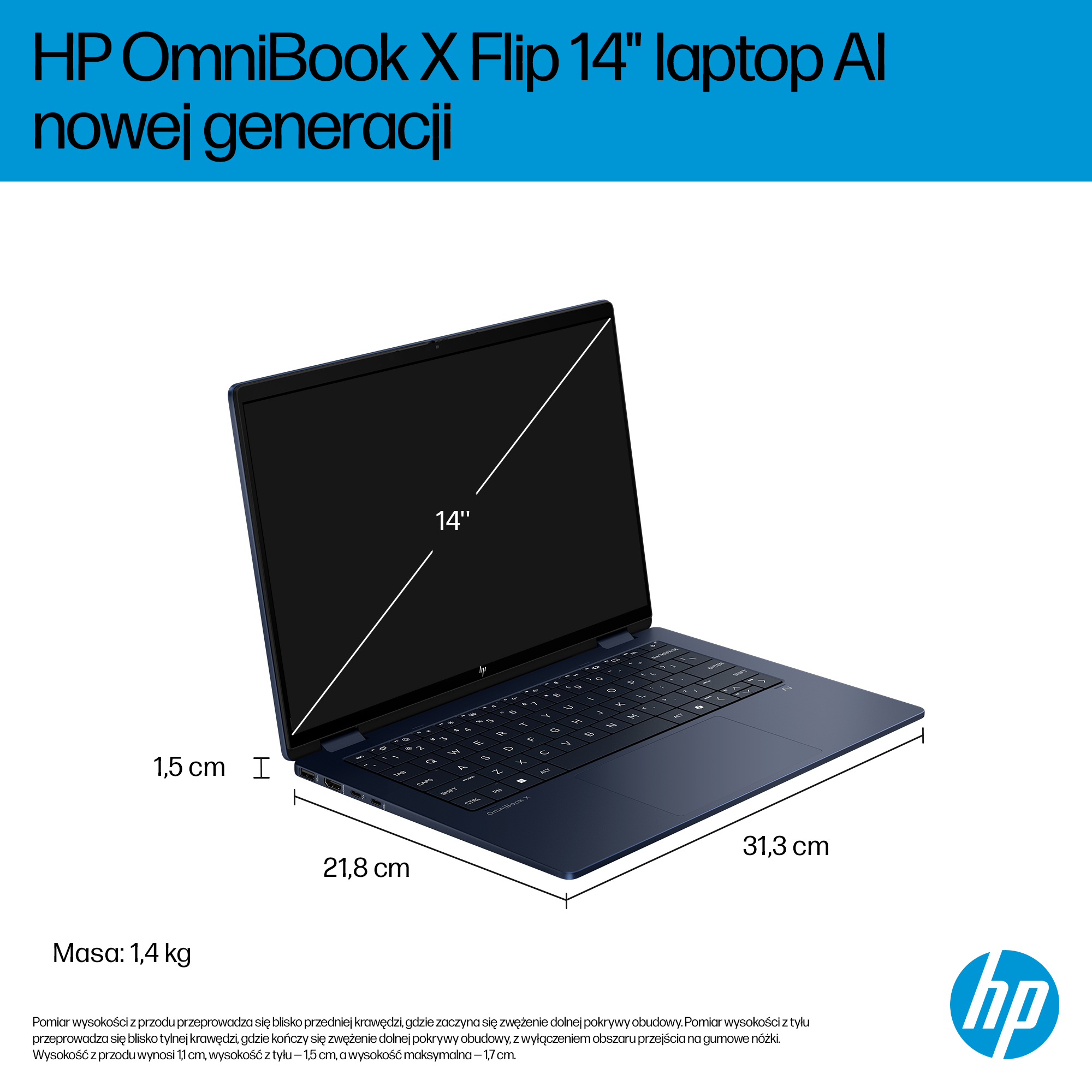 Ciemnoniebieski laptop HP OmniBook X Flip 14" pokazany z góry.