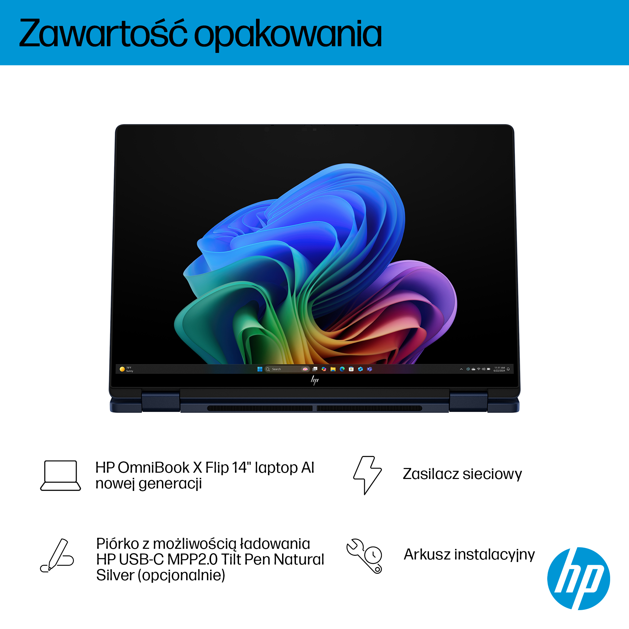 Niebieski laptop HP z kolorową tapetą i paskiem zadań.