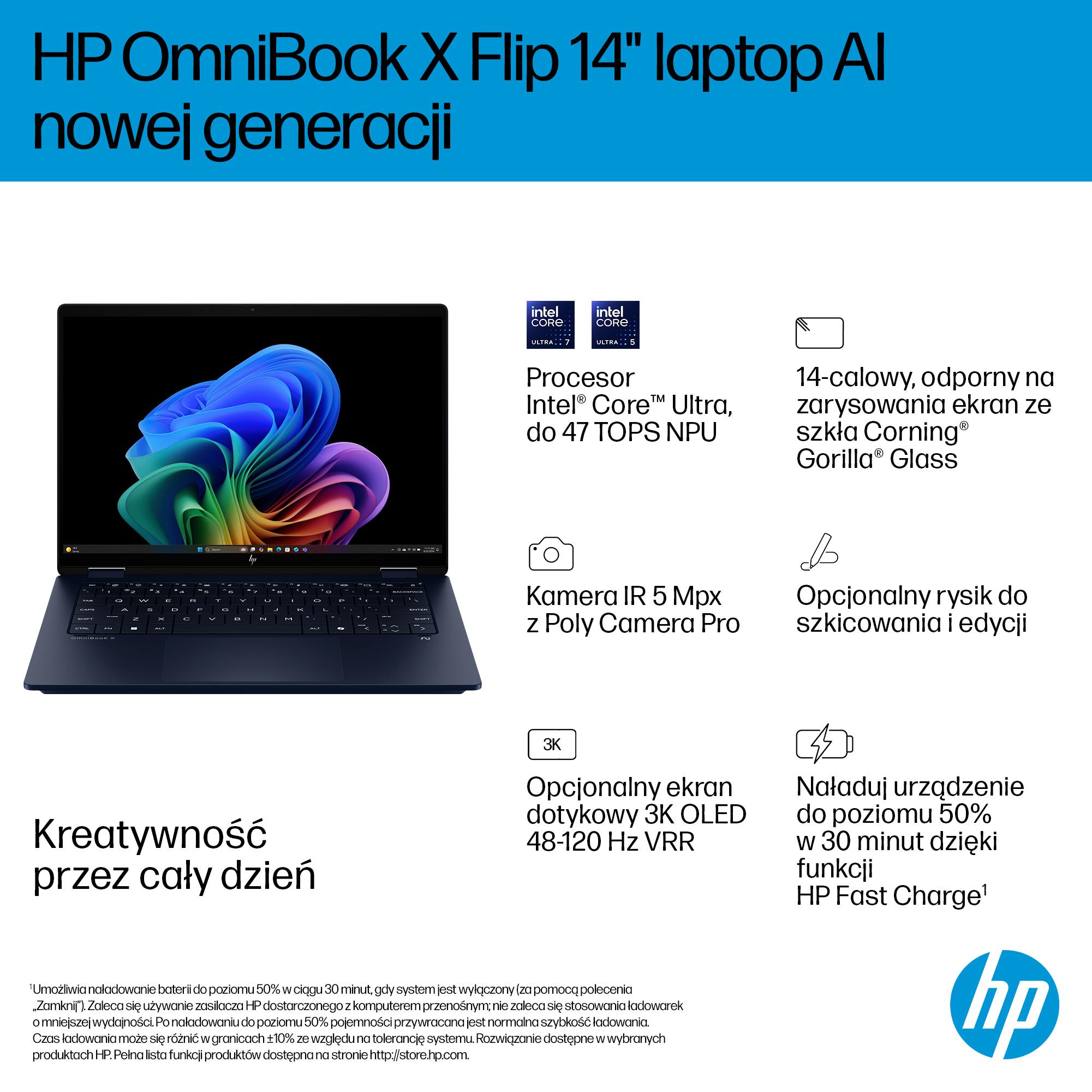 Granatowy laptop HP OmniBook X Flip 14 z kolorową tapetą.