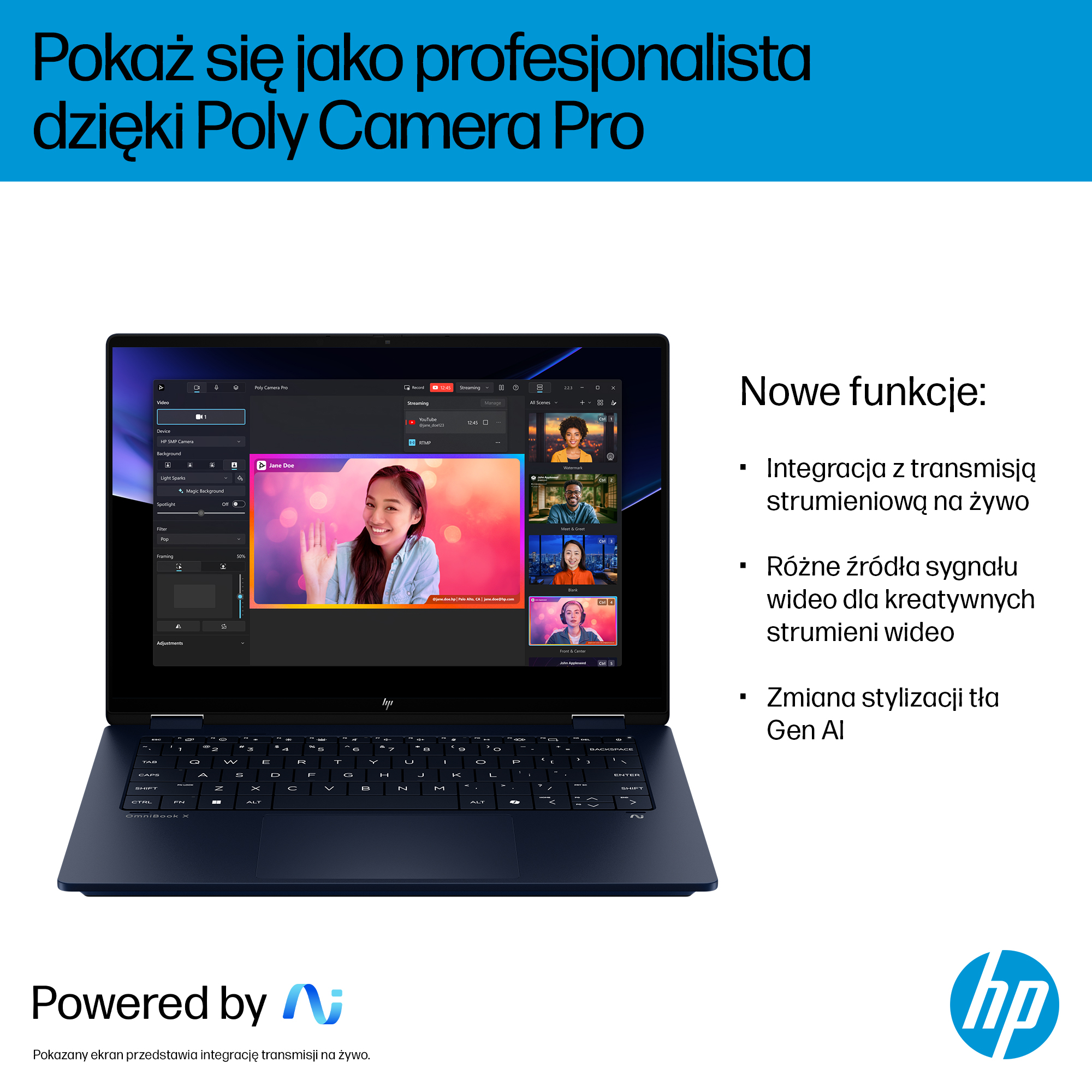 Laptop z oprogramowaniem Poly Camera Pro. Pokazuje wideokonferencję wielu osób.