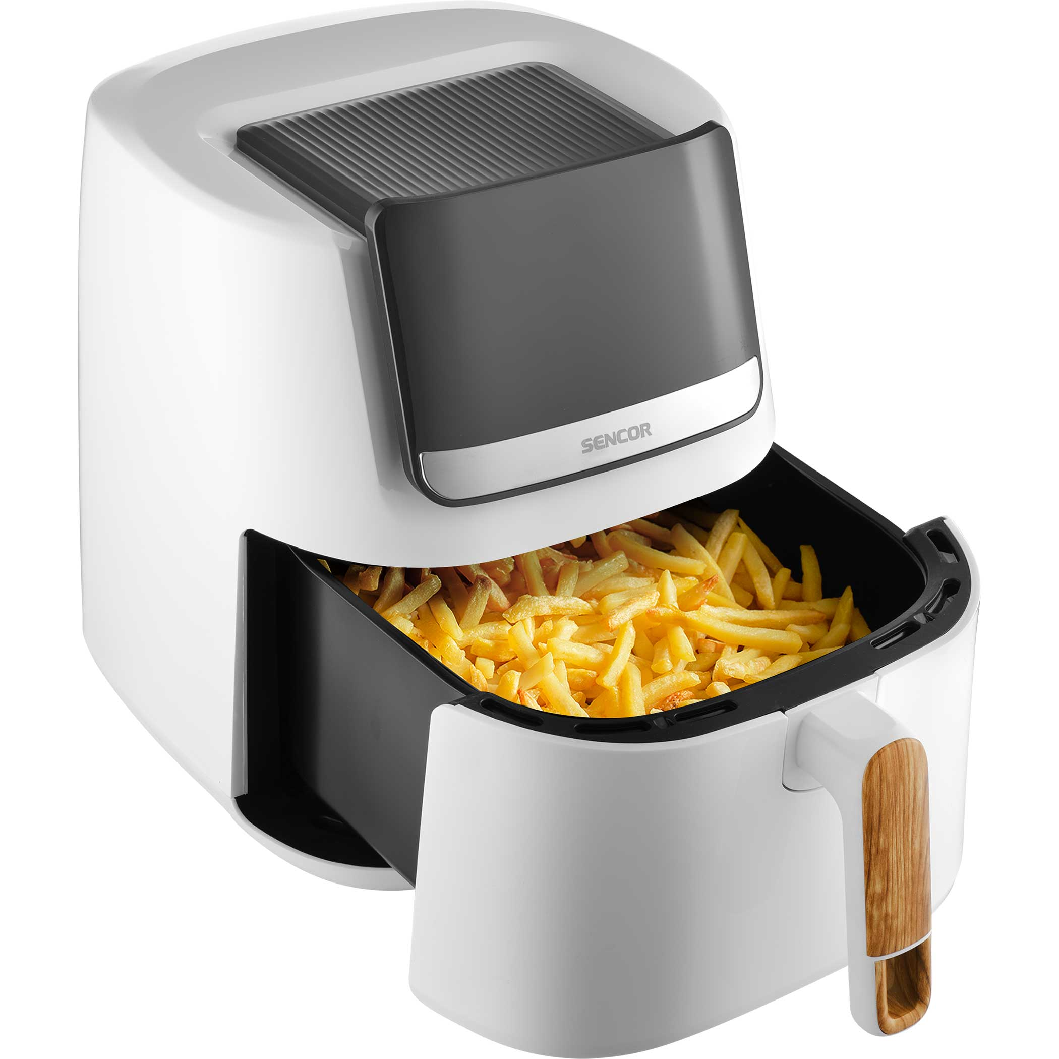 Egy fehér légkeveréses fritőzza, amelynek kosara tele van sült krumplival.