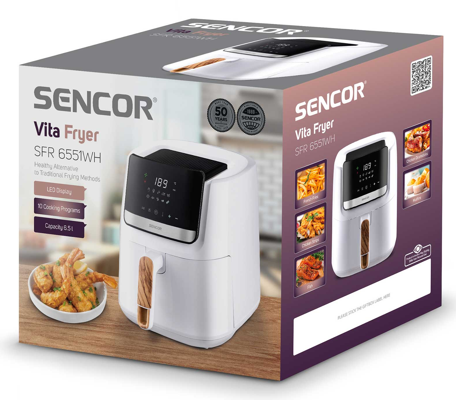Fehér SENCOR Vita Fryer légkeveréses fritőz fa fogantyúval és digitális kijelzővel.