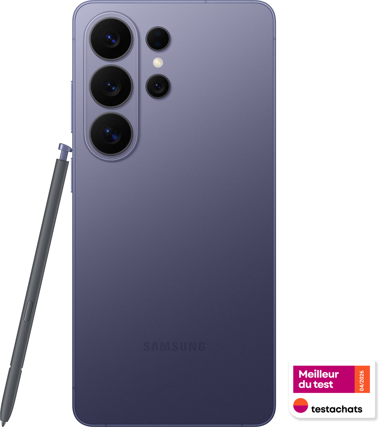 Un smartphone Samsung violet avec S-Pen et quatre caméras.