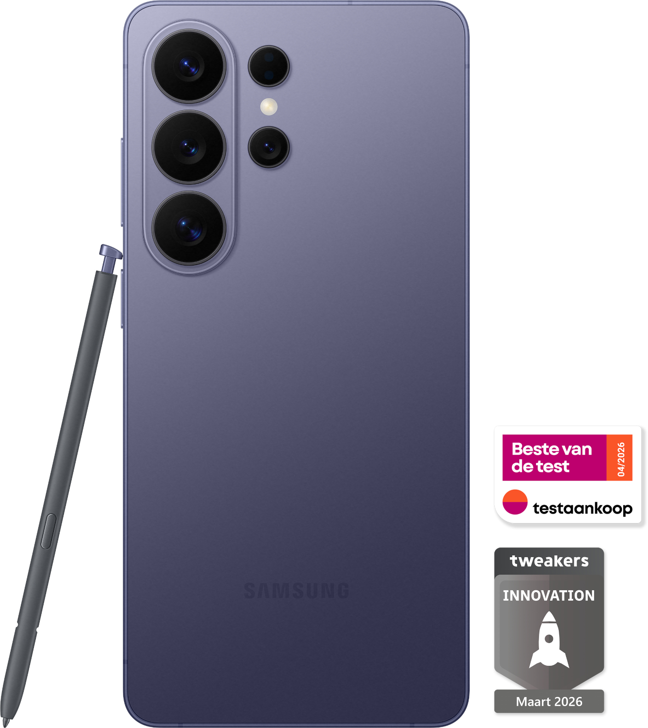 Purple Samsung smartphone with stylus and camera array. Logos in background.
