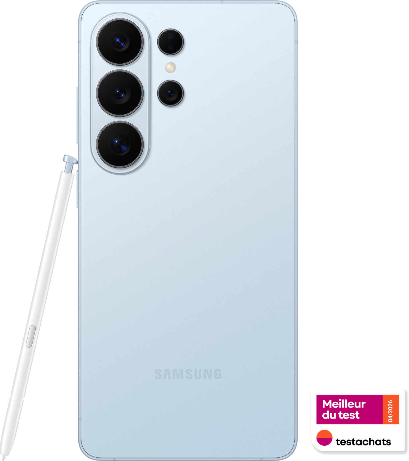 Un smartphone Samsung bleu clair avec stylet. Quatre caméras au dos.