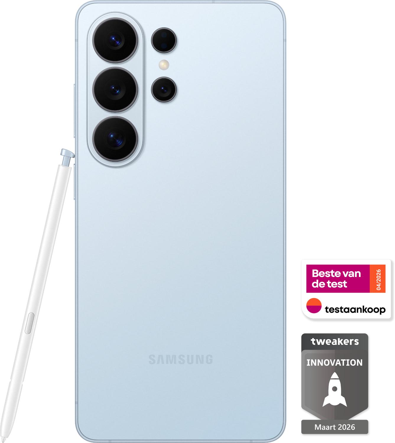 A light blue Samsung smartphone with a pen beside it and certifications.