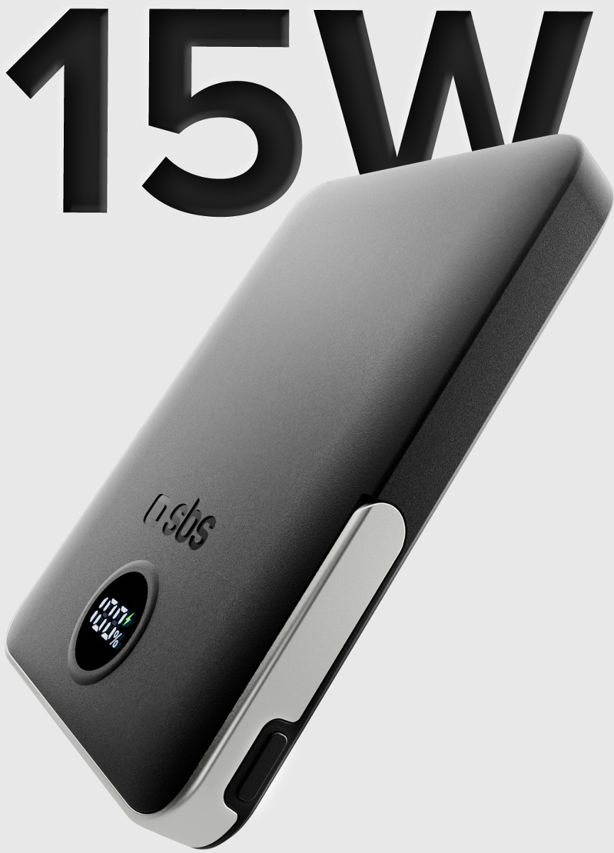 Schwarzes Powerbank mit silbernen Akzenten und 15W Beschriftung.