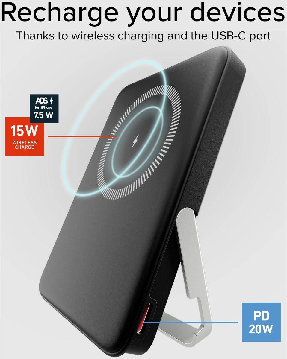 Schwarzes Ladegerät mit Ständer, 15W kabellos, 20W PD USB-C.