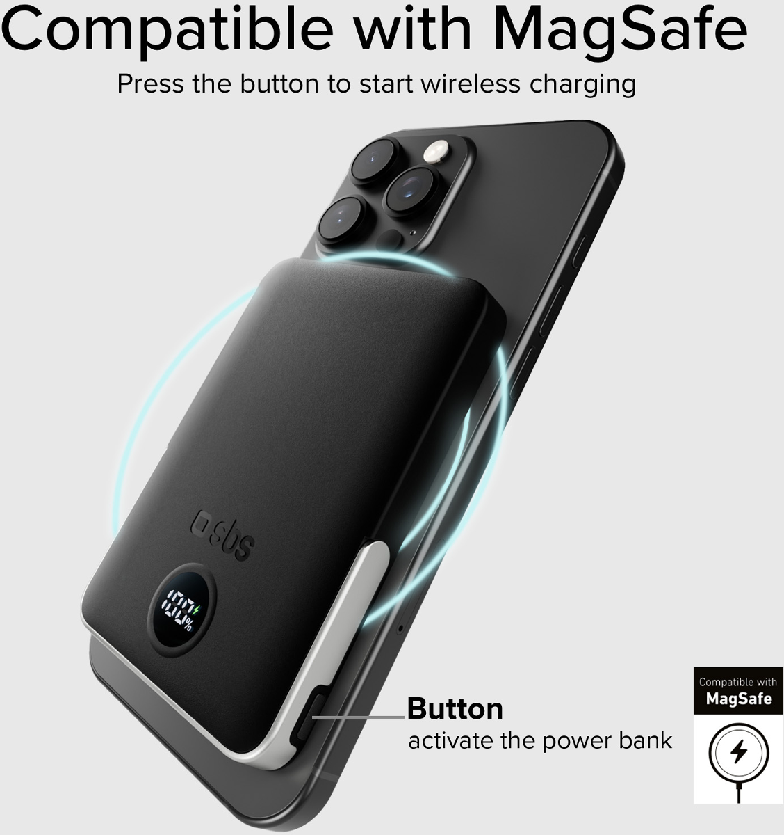 Schwarzes MagSafe-Ladegerät an einem schwarzen iPhone, 100% Akku angezeigt.