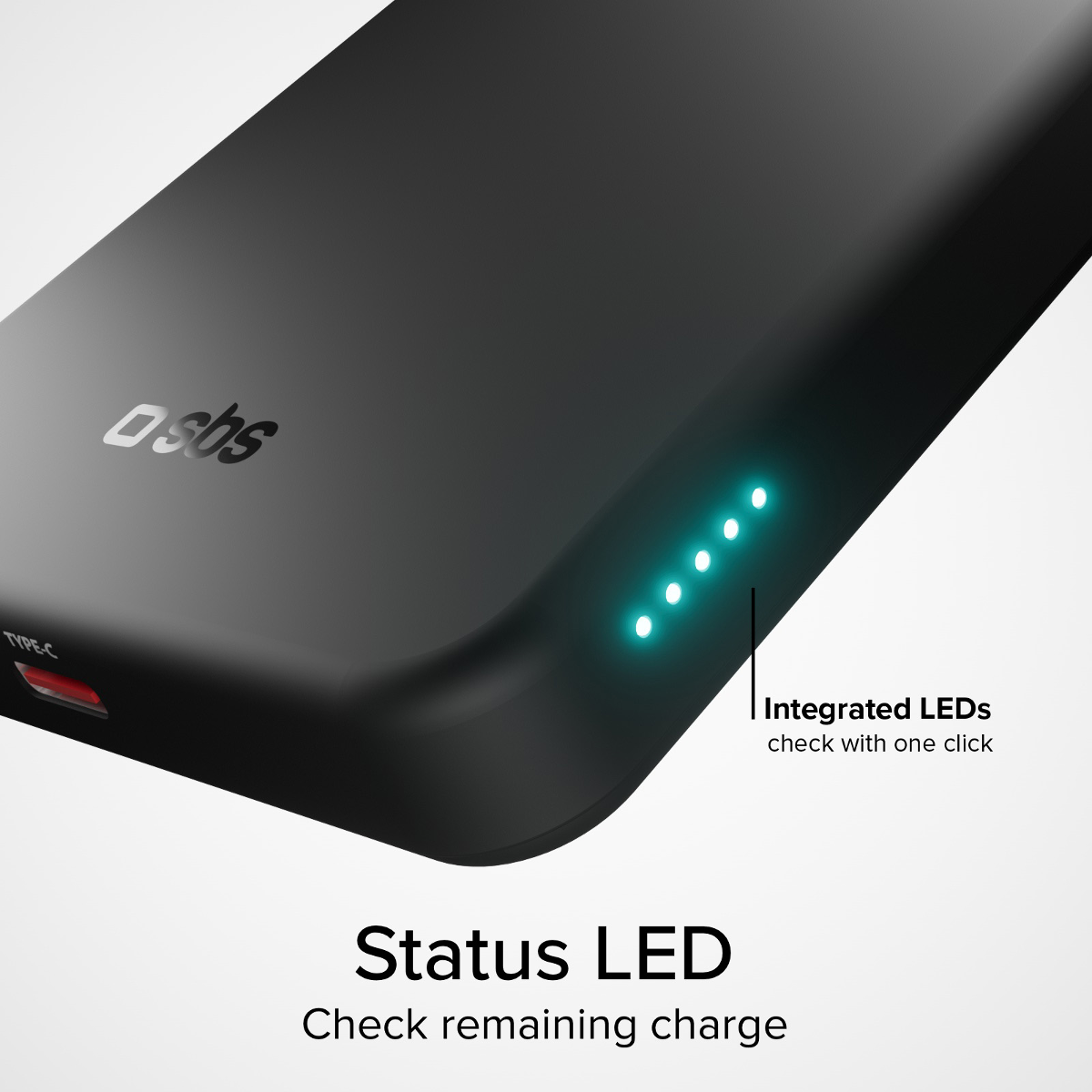 Schwarzes Ladegerät mit leuchtenden blauen LEDs und Typ-C-Anschluss.