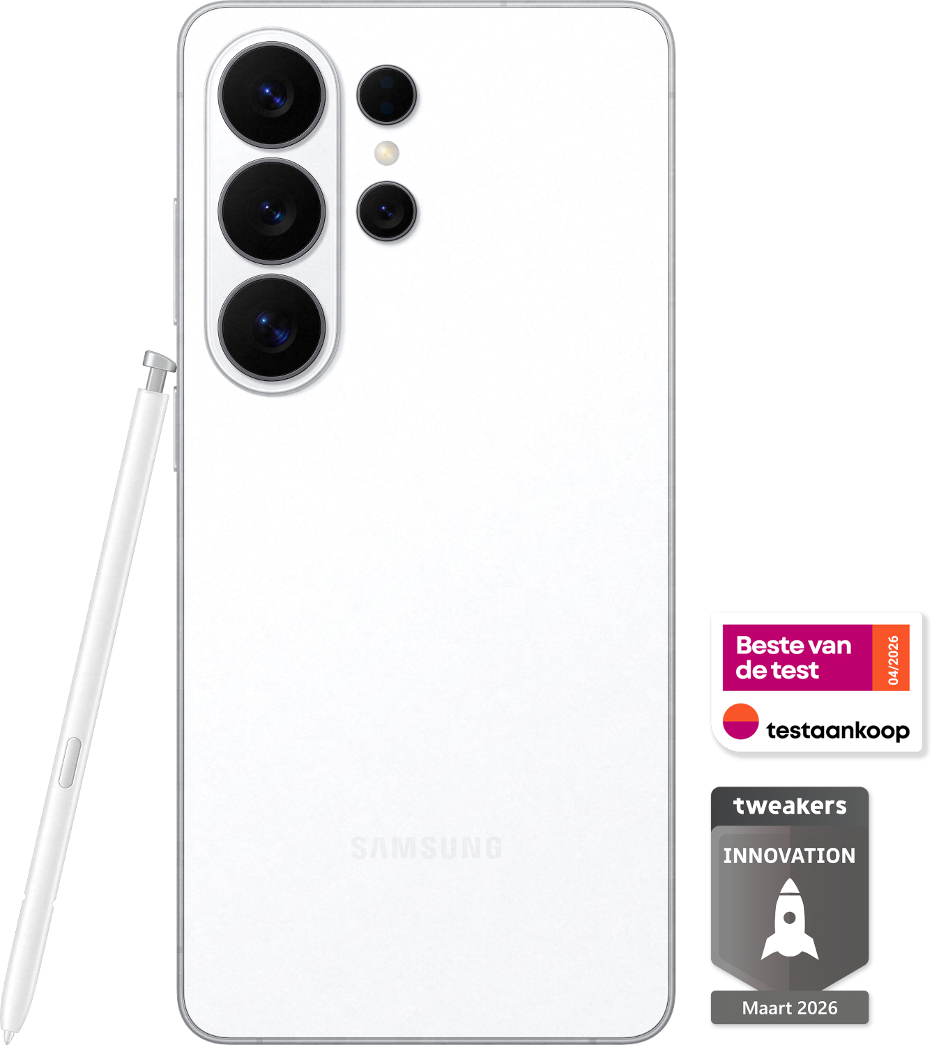 A white Samsung smartphone with S Pen and camera island.