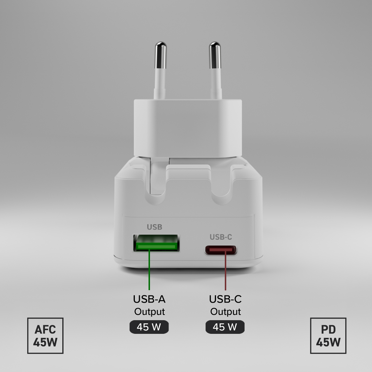 Weißes USB-Ladegerät mit USB-A- und USB-C-Anschlüssen. 45W Leistung.