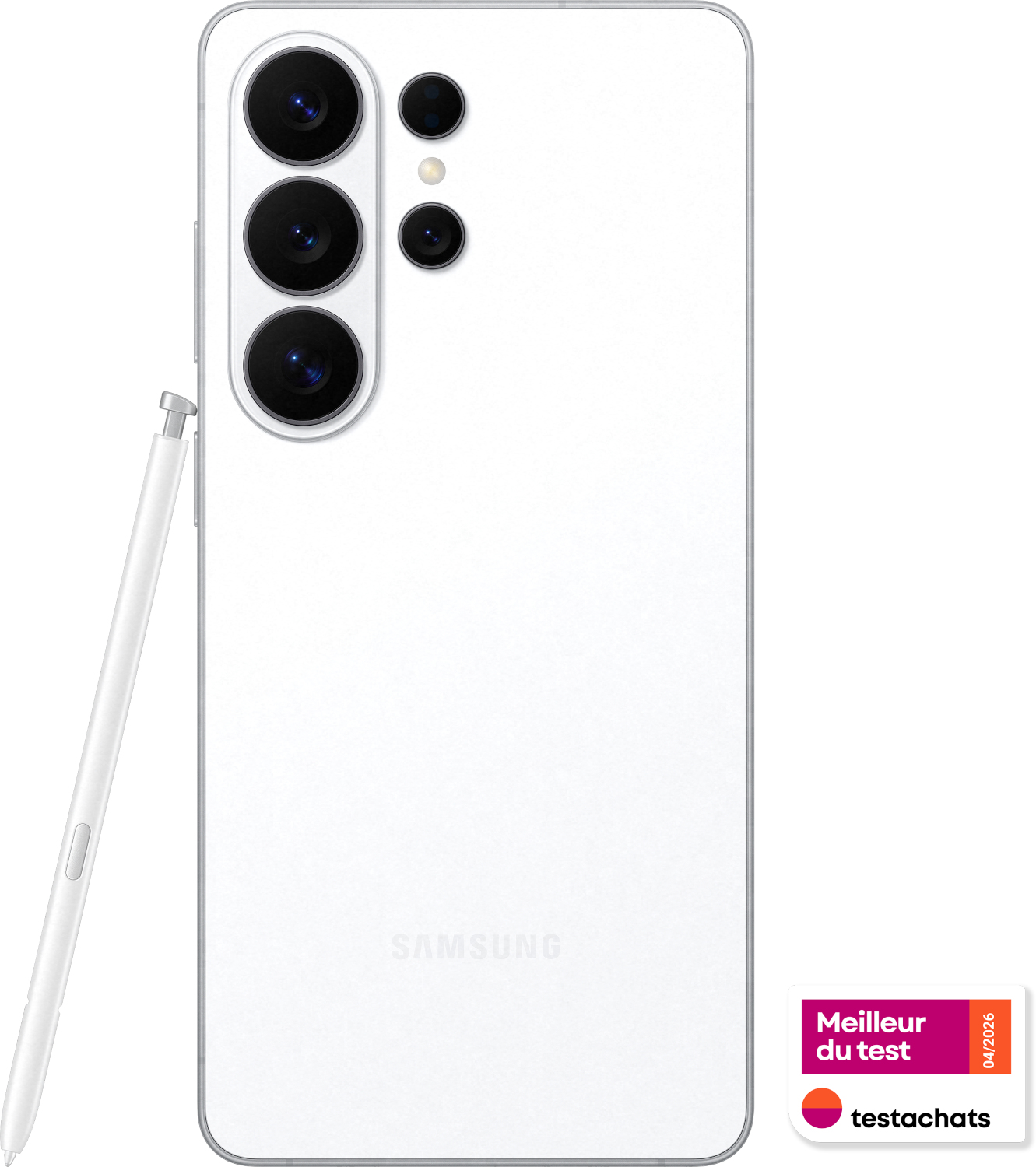 Un smartphone Samsung blanc avec stylet, appareil photo et sceau au dos.