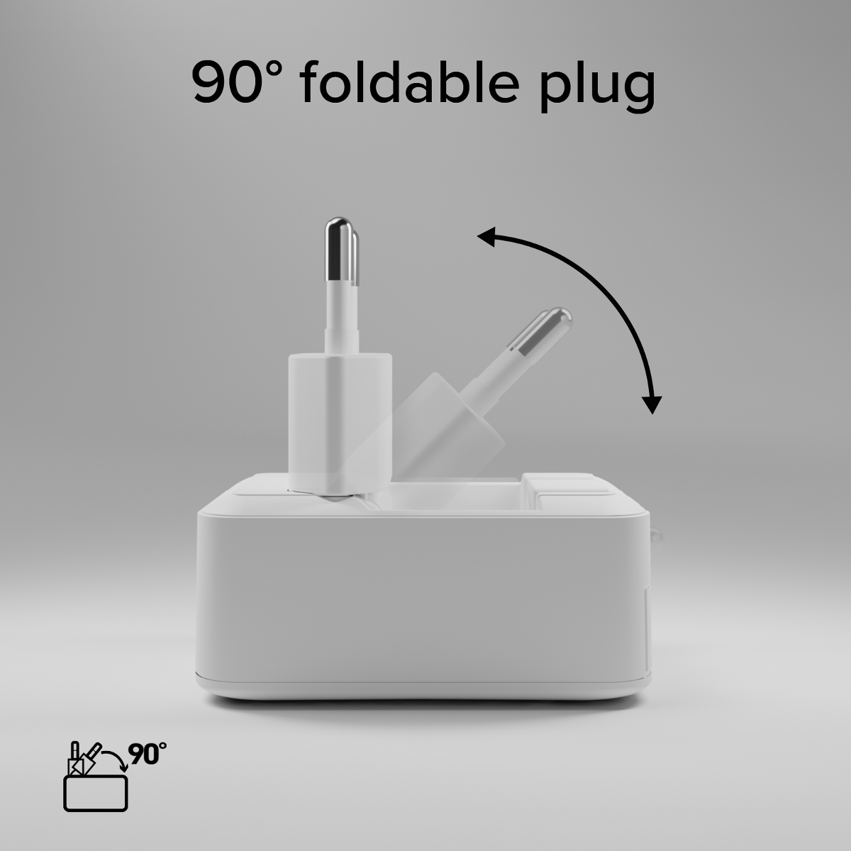 Ein weißer 90° faltbarer Stecker, der auf einem Netzteil sitzt.