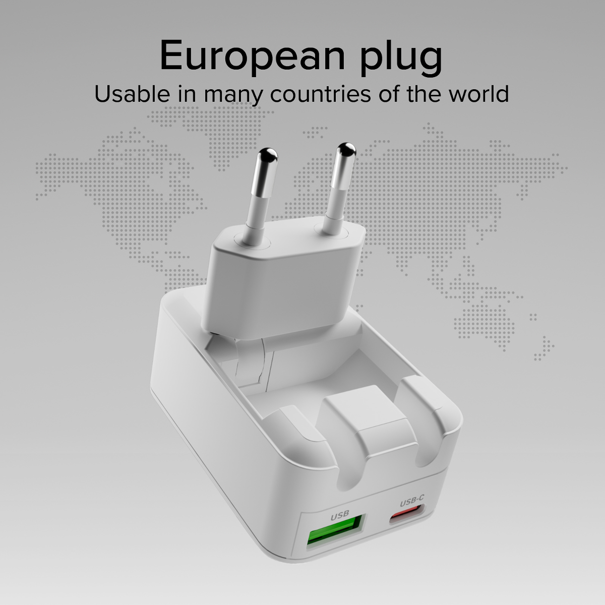 Ein weißer Reiseadapter mit zwei USB-Anschlüssen und einem EU-Stecker.