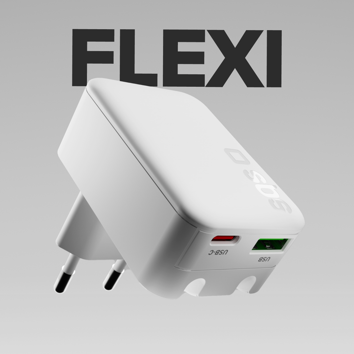 Ein weißes USB-Ladegerät mit zwei Anschlüssen, beschriftet mit FLEXI.