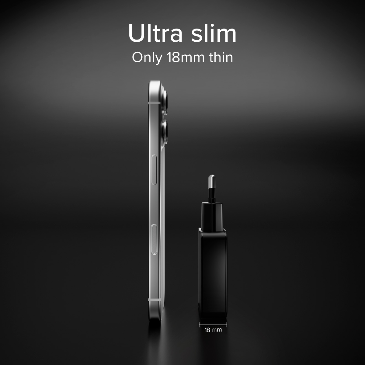 Ein schlankes silbernes Smartphone neben einem kleinen schwarzen Ladegerät, 18mm breit.