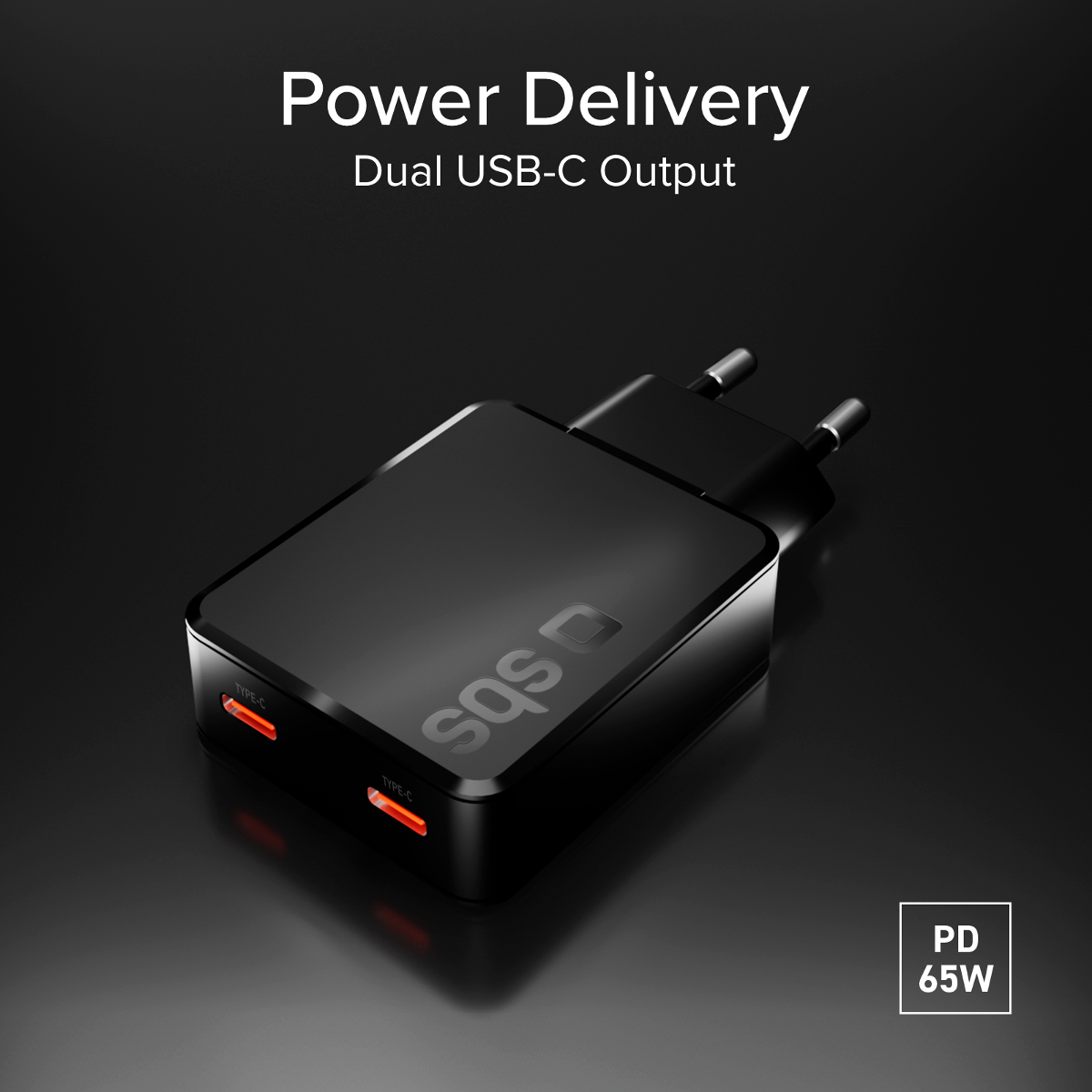 Schwarzer USB-C-Ladegerät mit zwei Anschlüssen und roter LED-Anzeige, 65W.