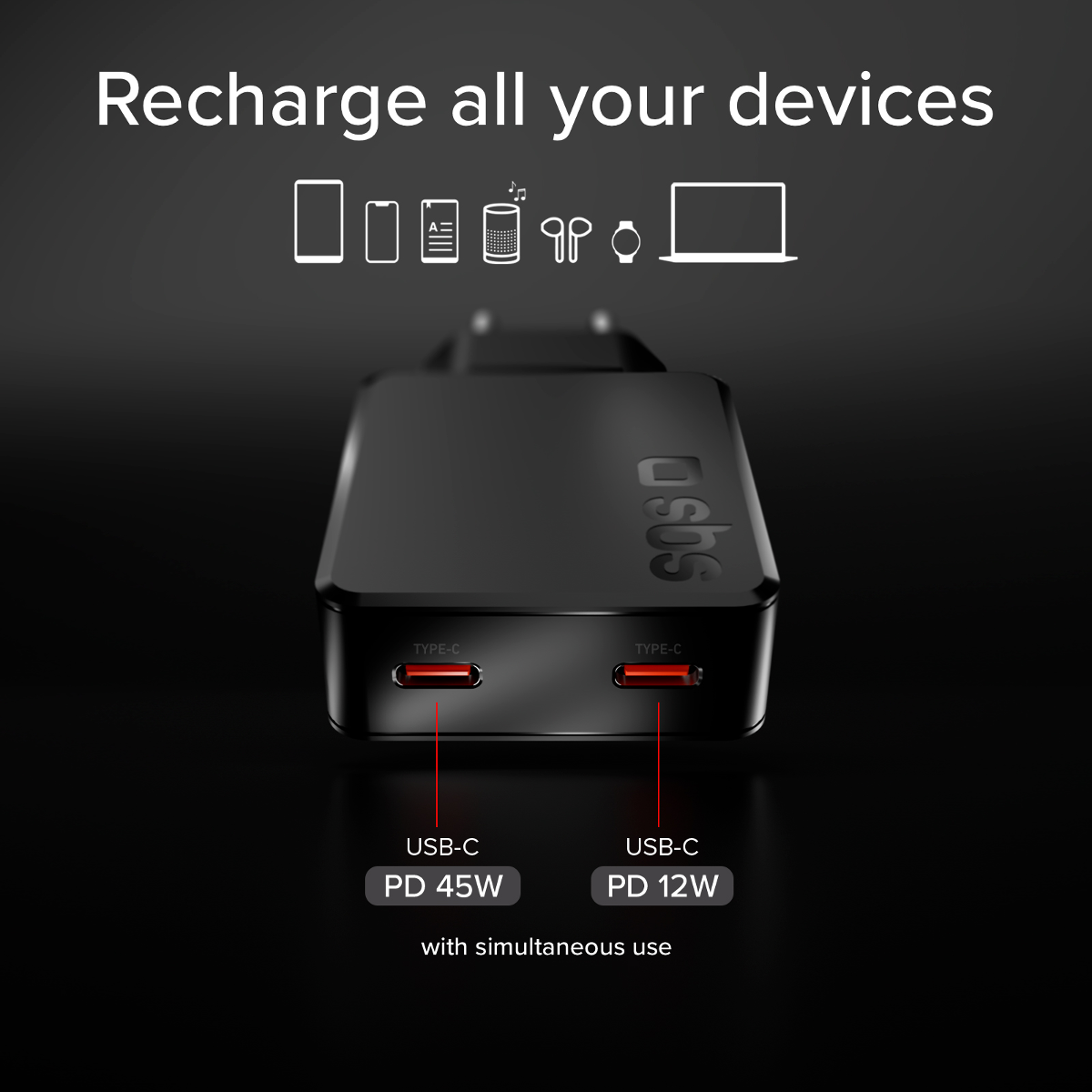 Schwarzes Ladegerät mit zwei USB-C-Anschlüssen: 45W und 12W. Symbole zeigen Geräte.