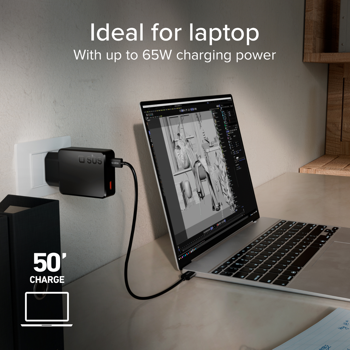 Ein schwarzes SBS Ladegerät lädt einen Laptop mit 65W, ideal für Laptops.