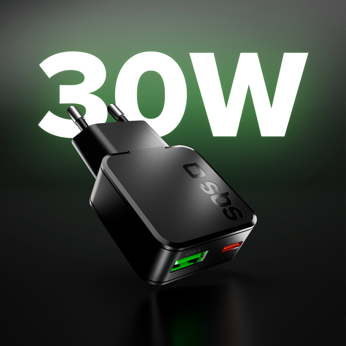 Schwarzer 30W USB-Ladegerät mit zwei Anschlüssen, grün und rot.