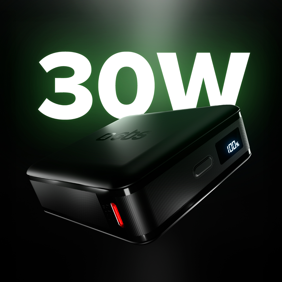 Schwarzes Ladegerät mit 30W-Aufschrift und 100% Ladestandanzeige.