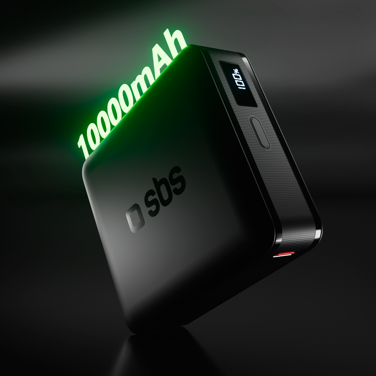 Schwarzes Ladegerät mit 10000mAh und 100% Anzeige auf dunklem Hintergrund.