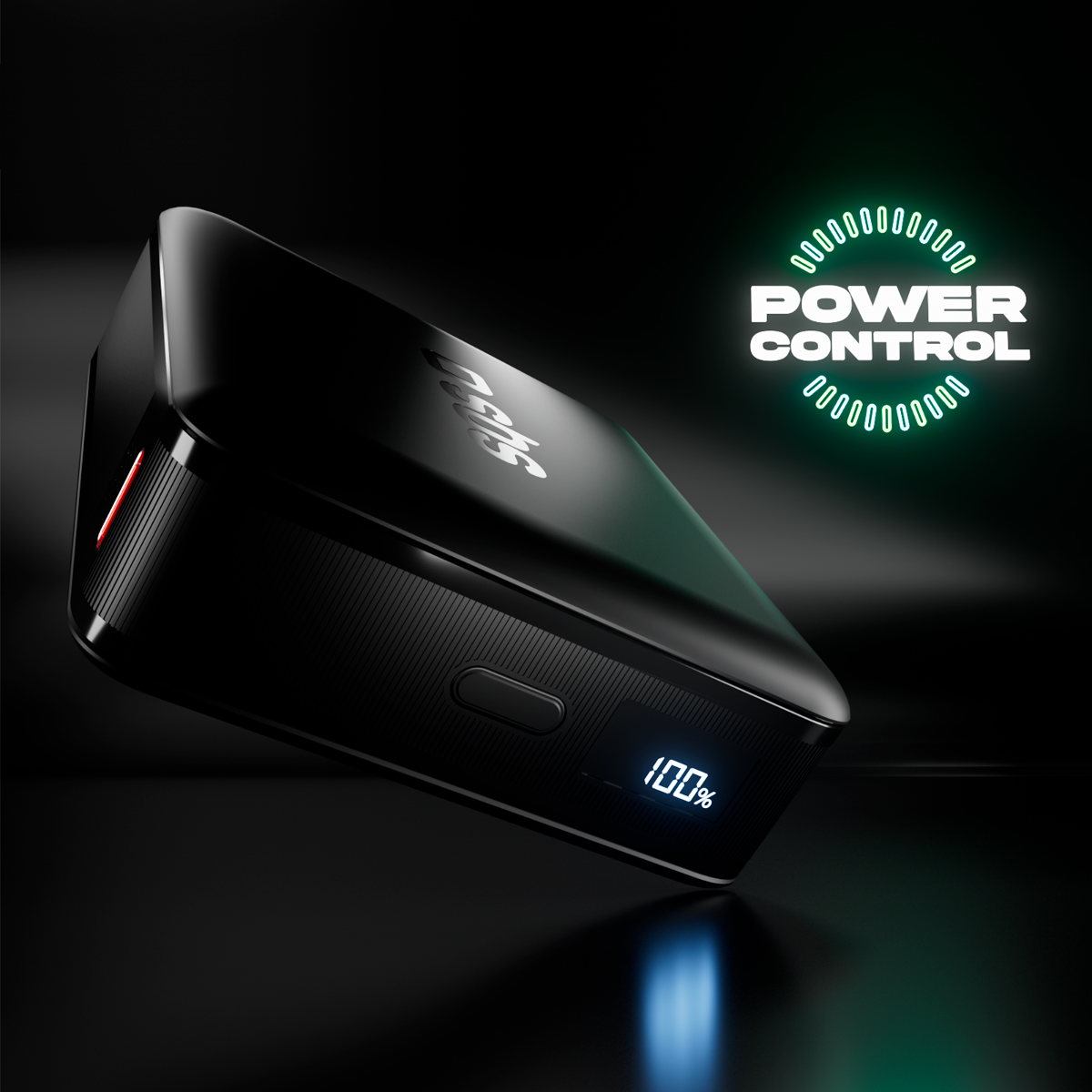 Schwarzer Powerbank mit 100% Ladung und leuchtender Neon-Schrift.