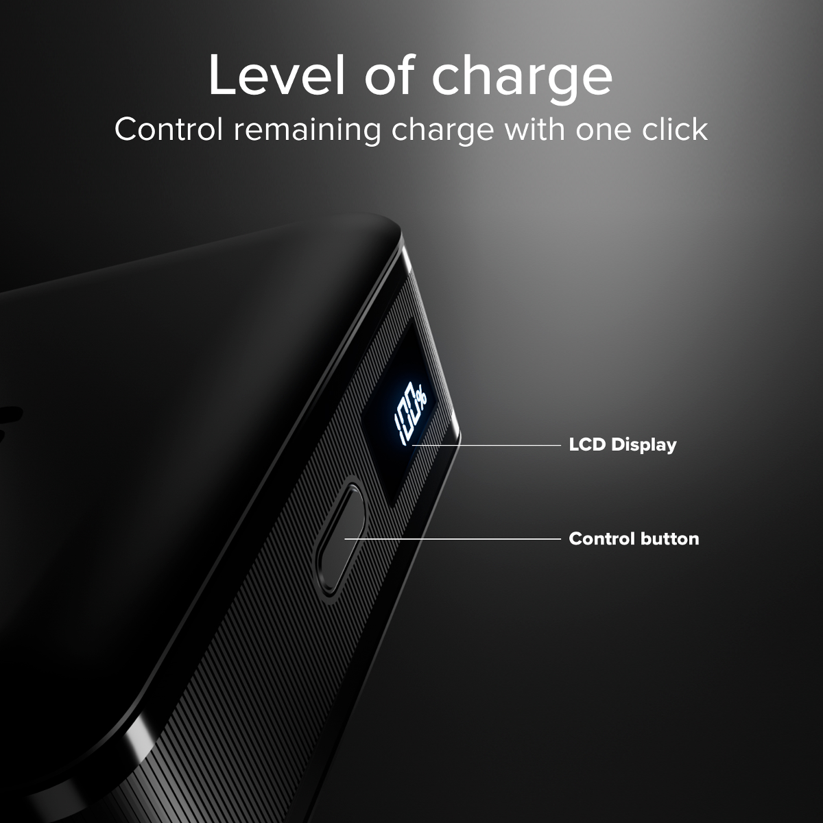 Schwarzes Powerbank mit 100% Ladeanzeige und Bedienknopf.
