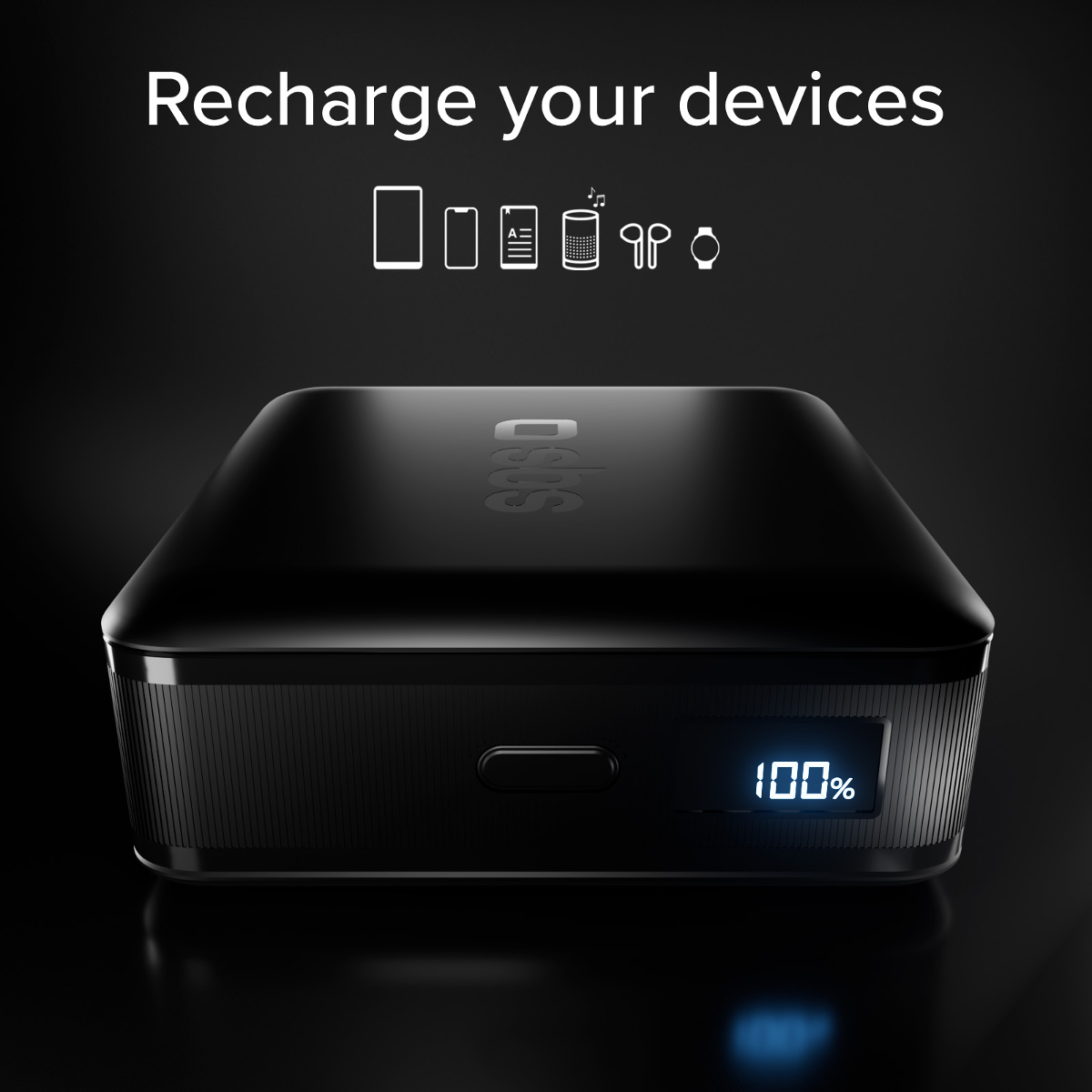 Schwarze Powerbank mit 100% Ladung. Icons zeigen Geräte an.