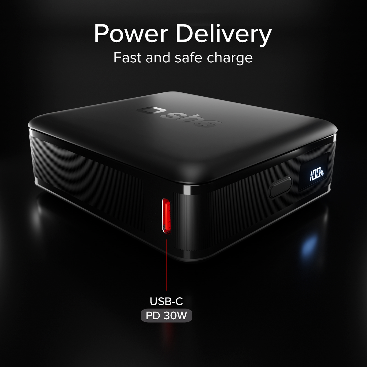 Schwarzes Lade-Netzteil mit rotem USB-C-Port und 100% Anzeige.
