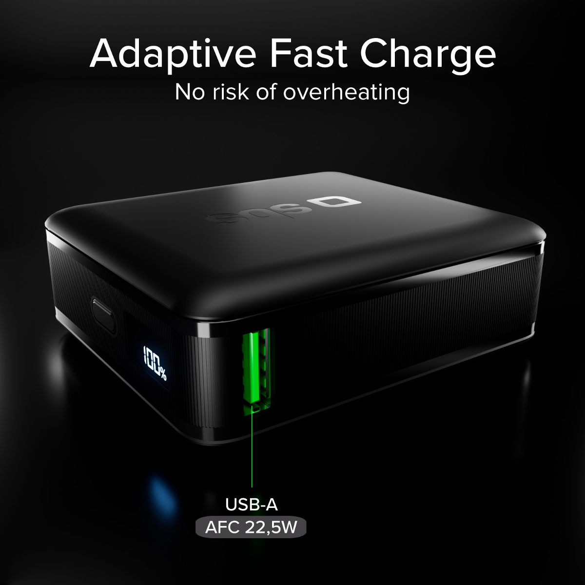 Schwarzes Ladegerät mit USB-A-Anschluss, 100% Anzeige, AFC 22,5W.