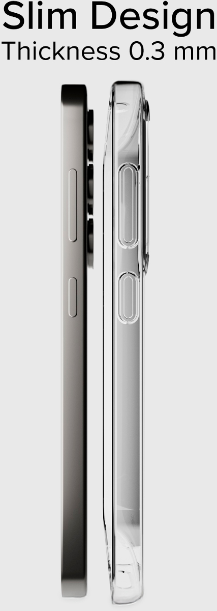 Ein graues und ein transparentes Handy nebeneinander, Seitenansicht.