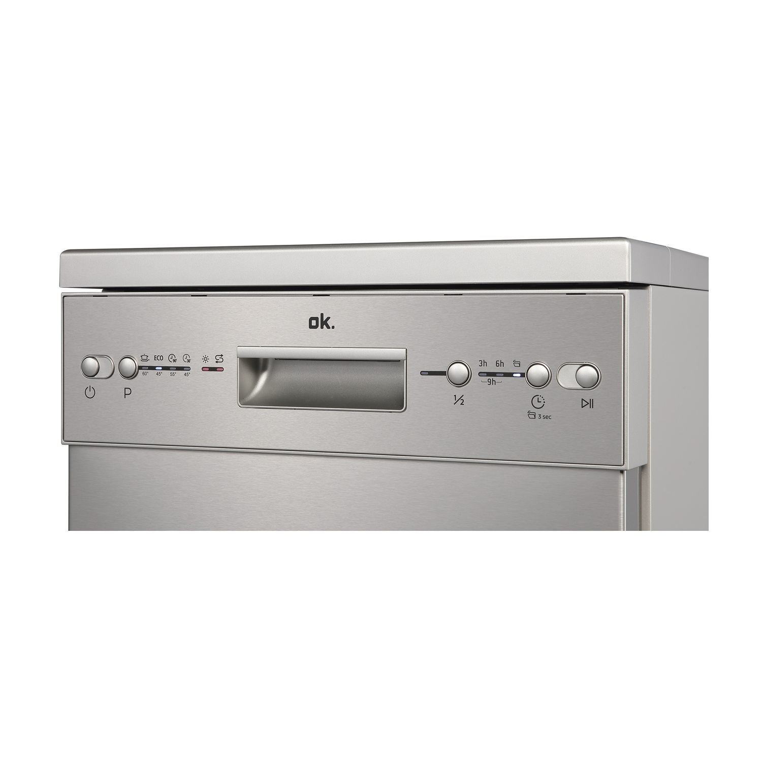 Pannello di controllo lavastoviglie in acciaio inox con pulsanti e icone.