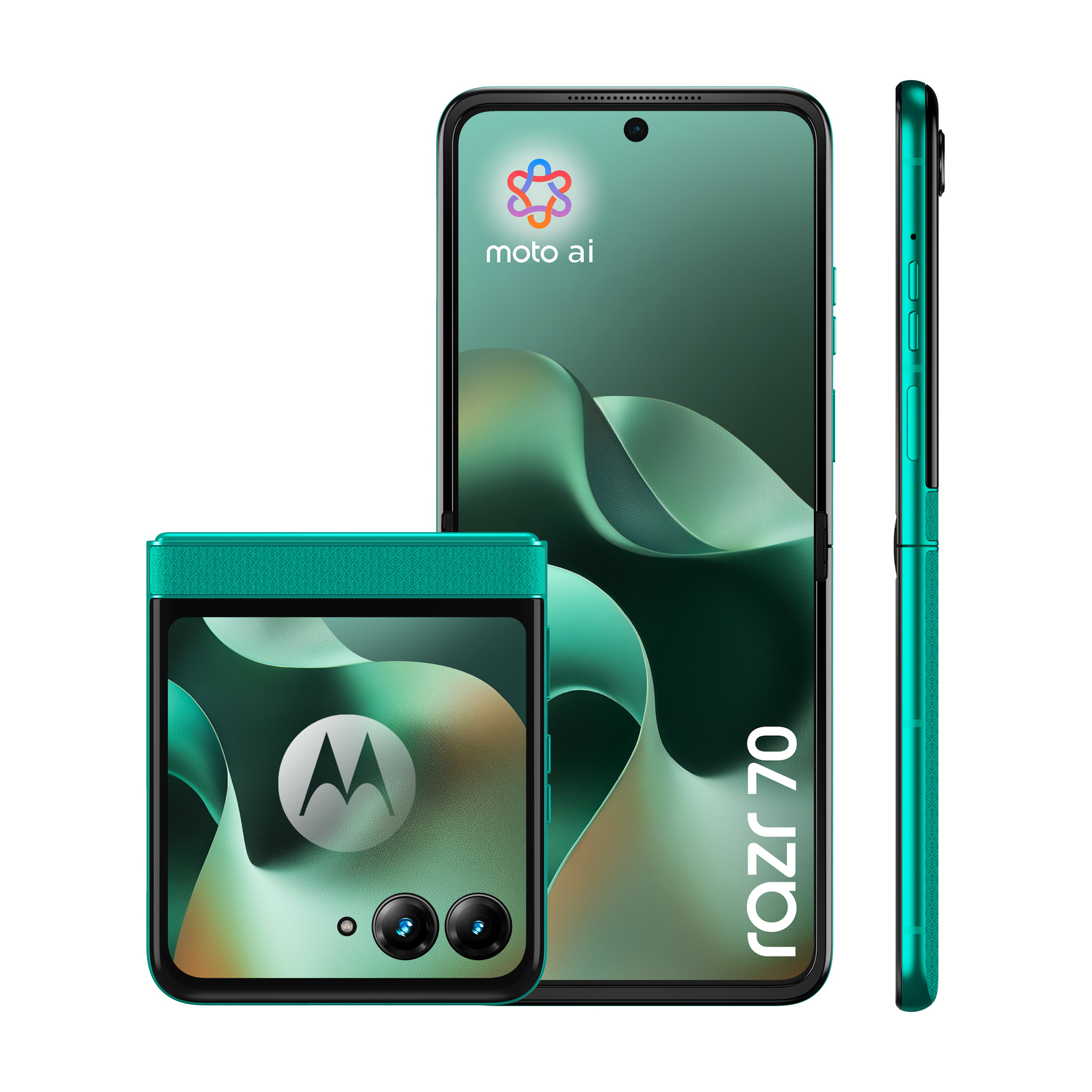 Un telefono pieghevole Motorola Razr 70 verde, aperto e chiuso, con loghi.