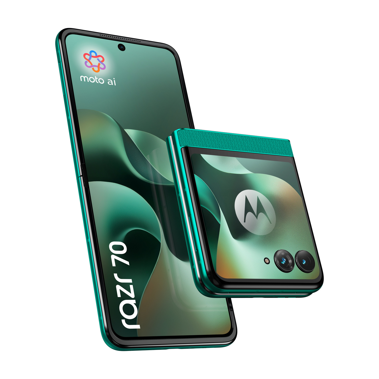 Uno smartphone pieghevole Motorola Razr 70 color turchese. Uno aperto, l'altro chiuso.
