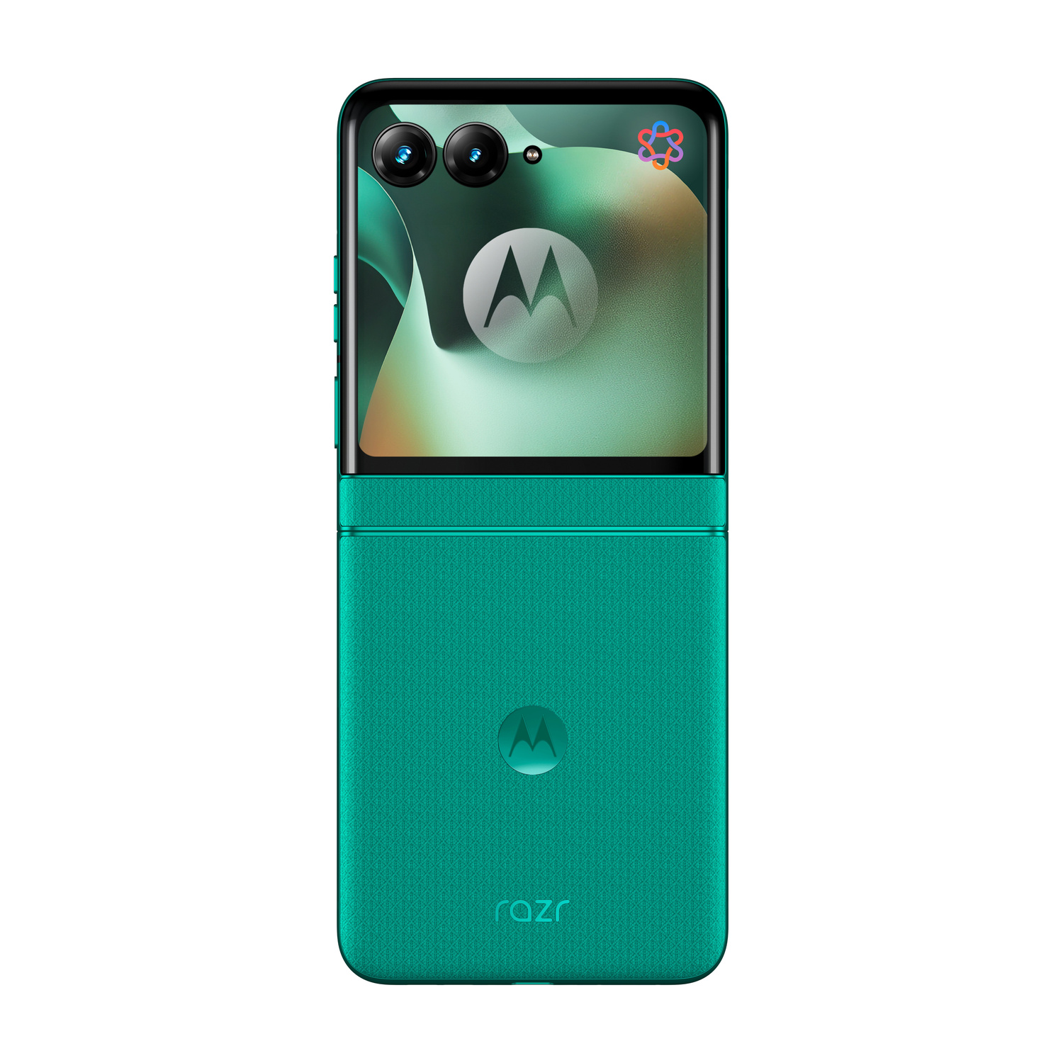 Un telefono pieghevole Motorola Razr verde smeraldo, verticale, con due fotocamere in alto.