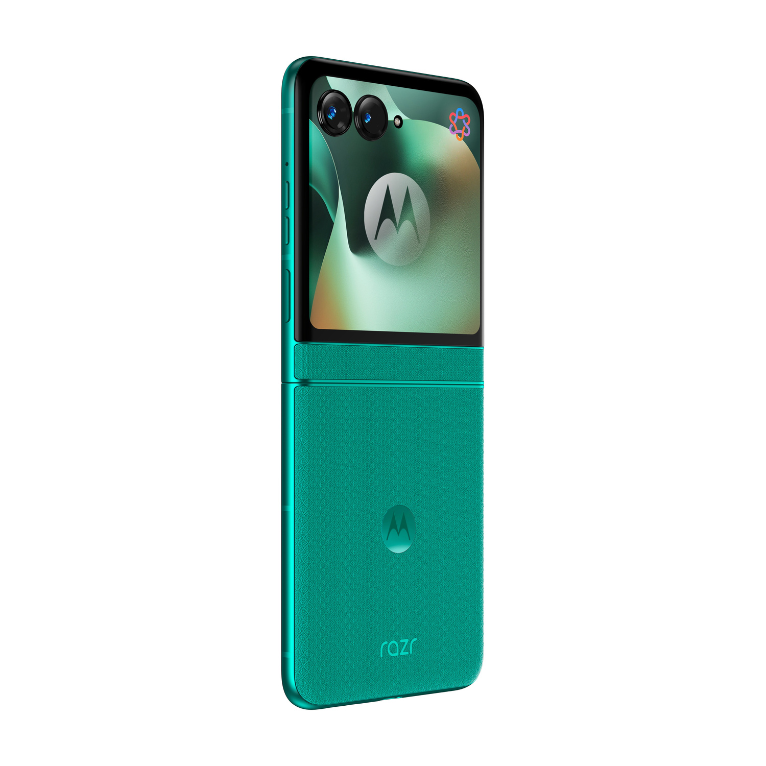 Un telefono flip aperto color turchese con due fotocamere e il logo Motorola.