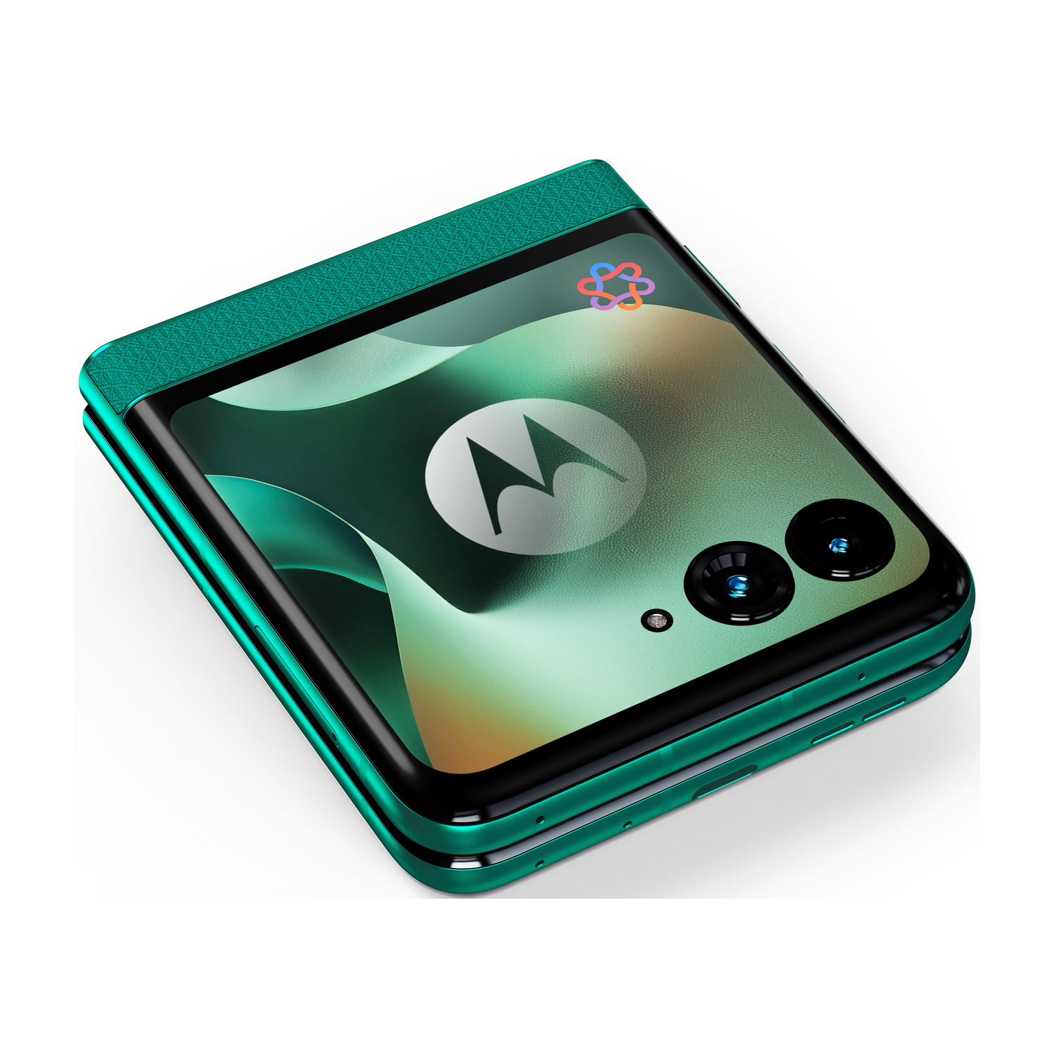Un telefono a conchiglia chiuso, verde smeraldo, con il logo Motorola sullo schermo.