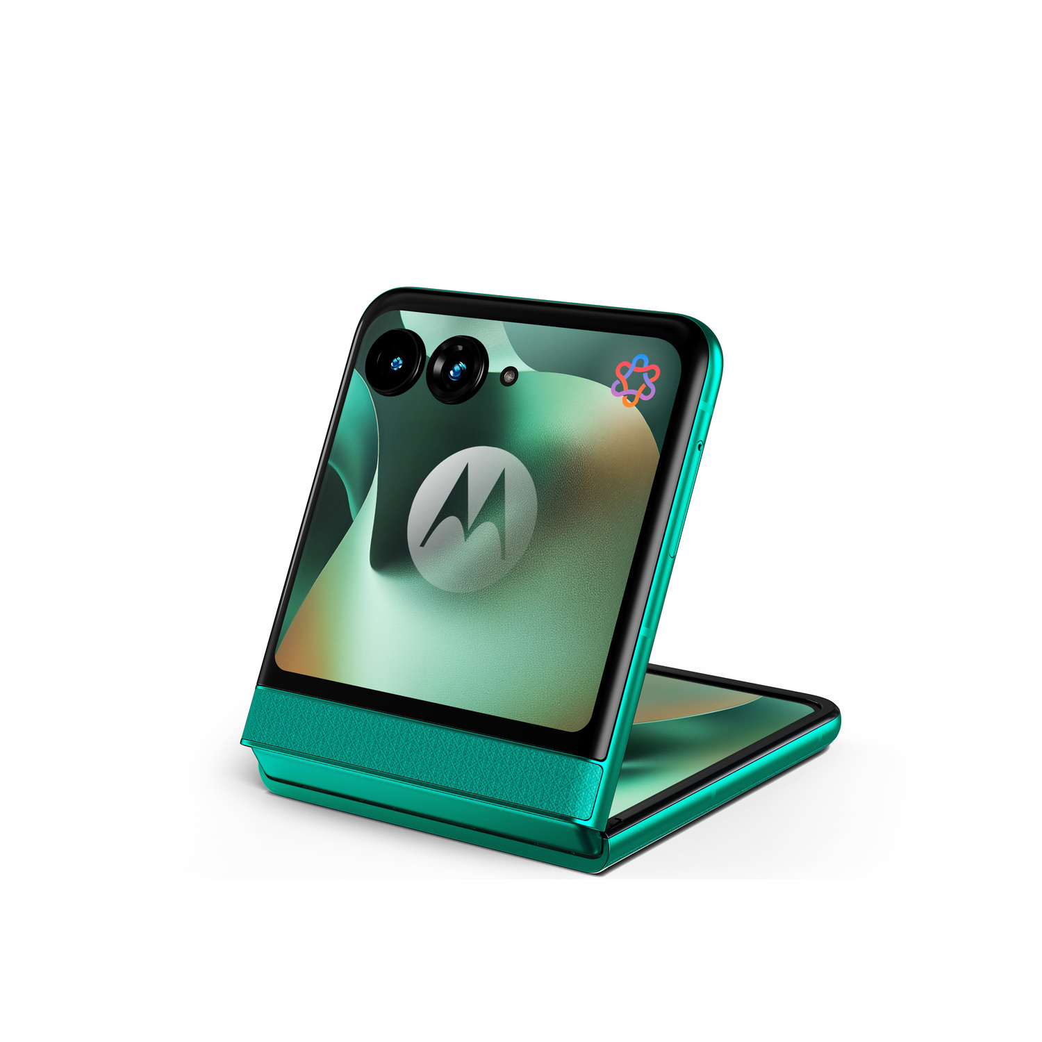 Un telefono a conchiglia aperto, verde smeraldo, con due fotocamere e logo Motorola.
