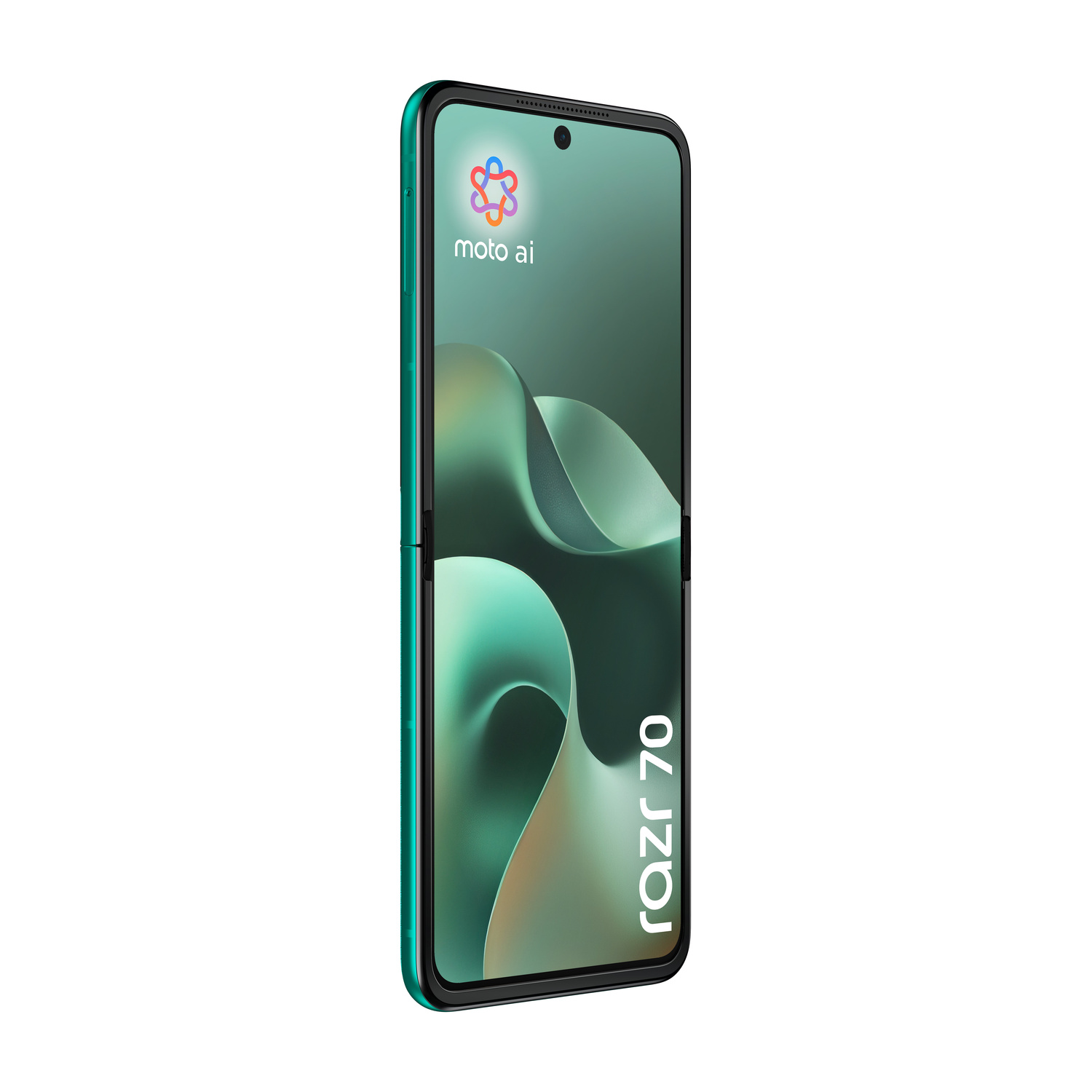 Telefono pieghevole Motorola Razr 70 verde con logo stilizzato e testo 'moto ai'.
