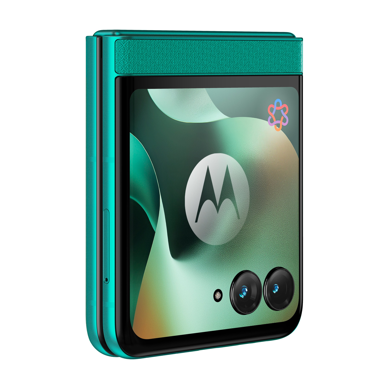 Un telefono pieghevole verde con due fotocamere e il logo Motorola sullo schermo.
