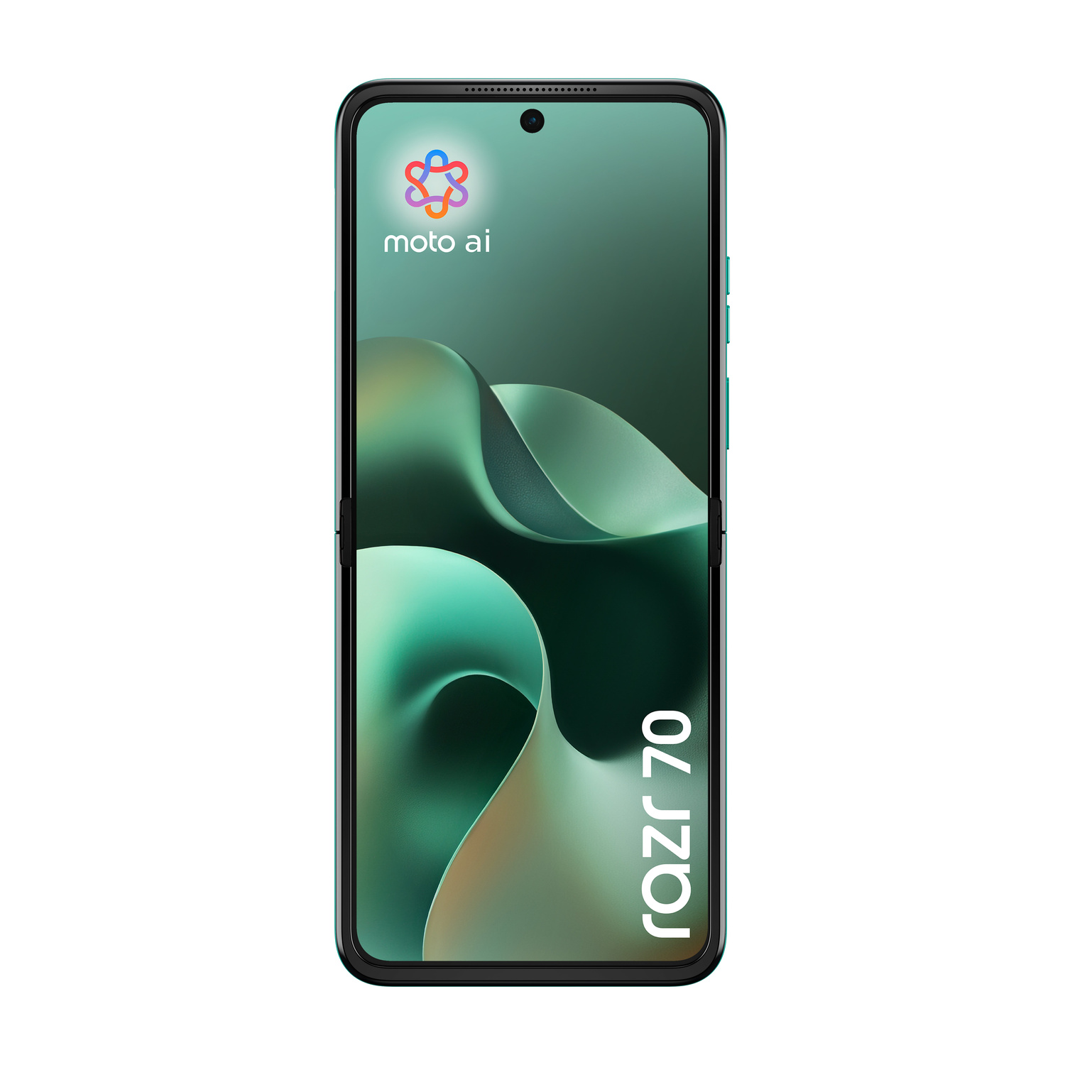 Uno smartphone Motorola Razr 70 che mostra un logo stilizzato e il testo 'moto ai'.