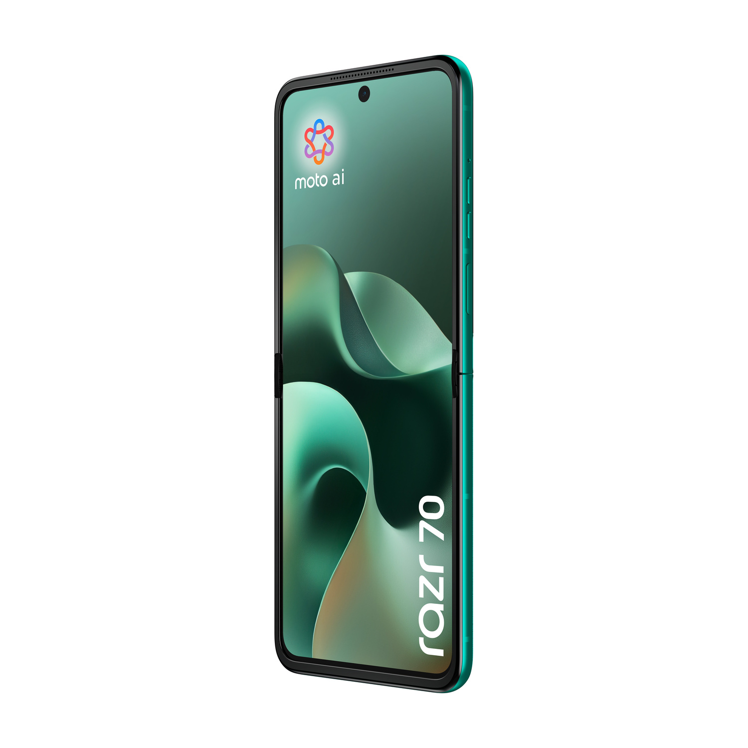 Uno smartphone Motorola Razr 70 verde con sfondo curvo sullo schermo.