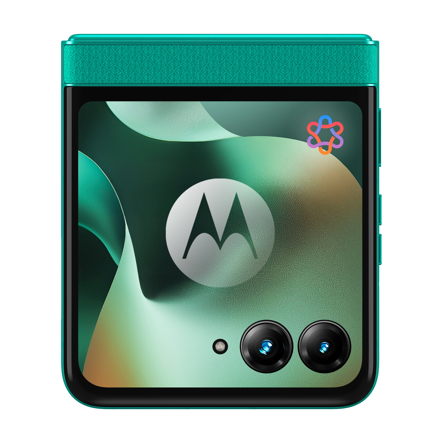 Un flip phone Motorola color turchese mostra uno sfondo astratto verde con il logo Motorola.