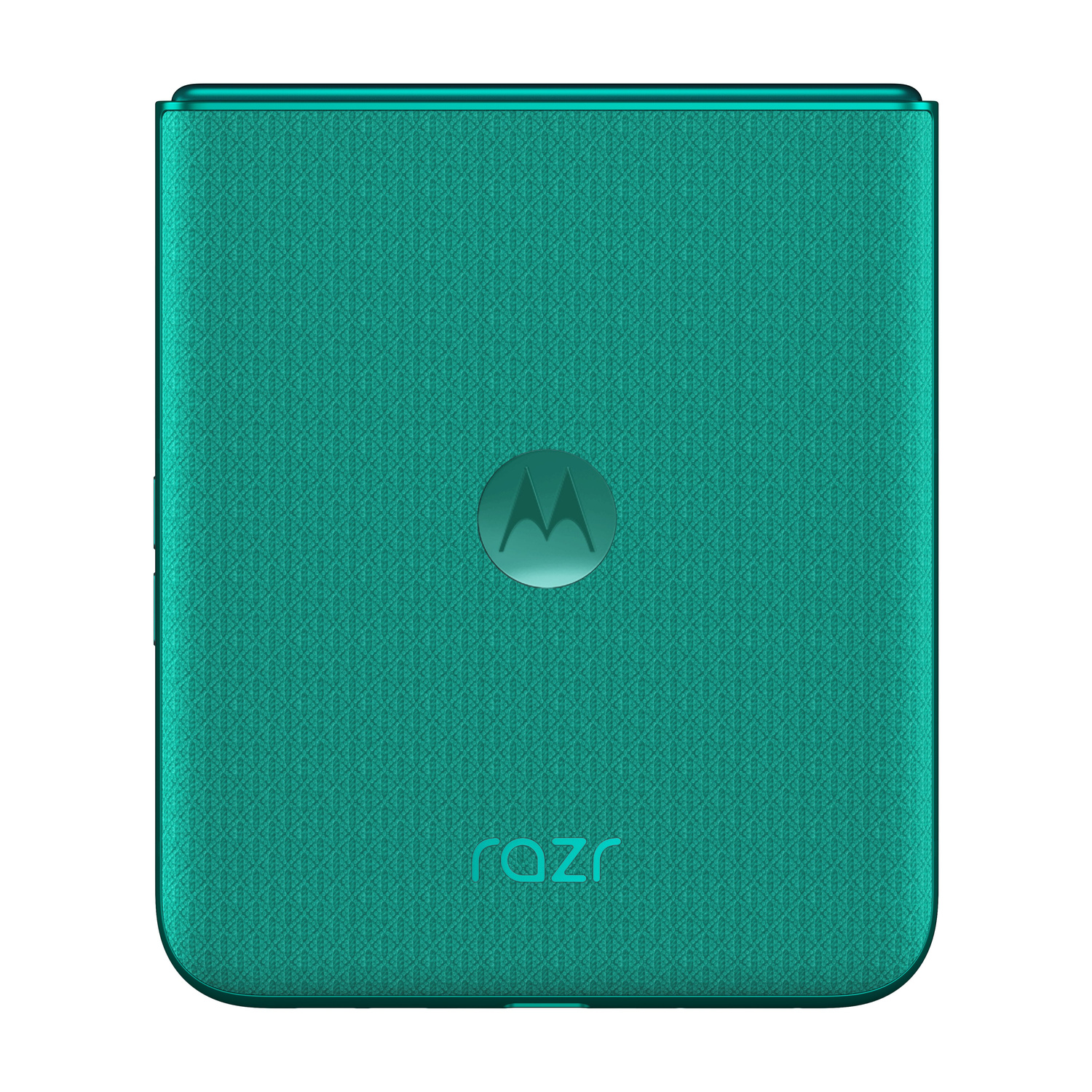 Retro di un flip phone Motorola Razr turchese con texture a fantasia e logo.